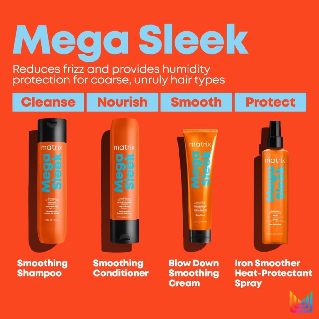 Matrix Total Results Mega Sleek product line with shampoo, conditioner, cream, and spray