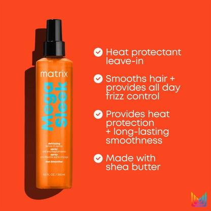 Orange spray bottle of Matrix Total Results Mega Sleek Iron Smoother - 250ml