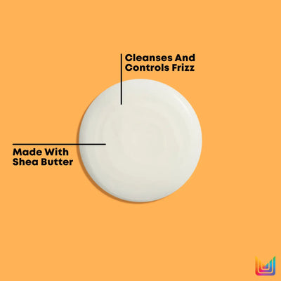 White circular bar of Matrix Total Results Mega Sleek Shampoo with product features labeled