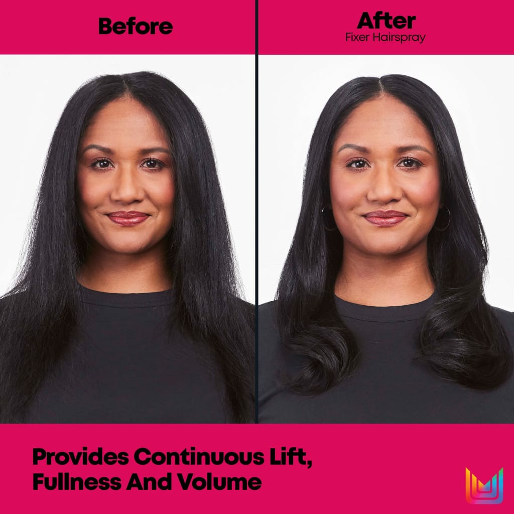 Before and after comparison showing the effects of a hair product called ’Fixer Hairspray’ on a woman’s hairstyle.