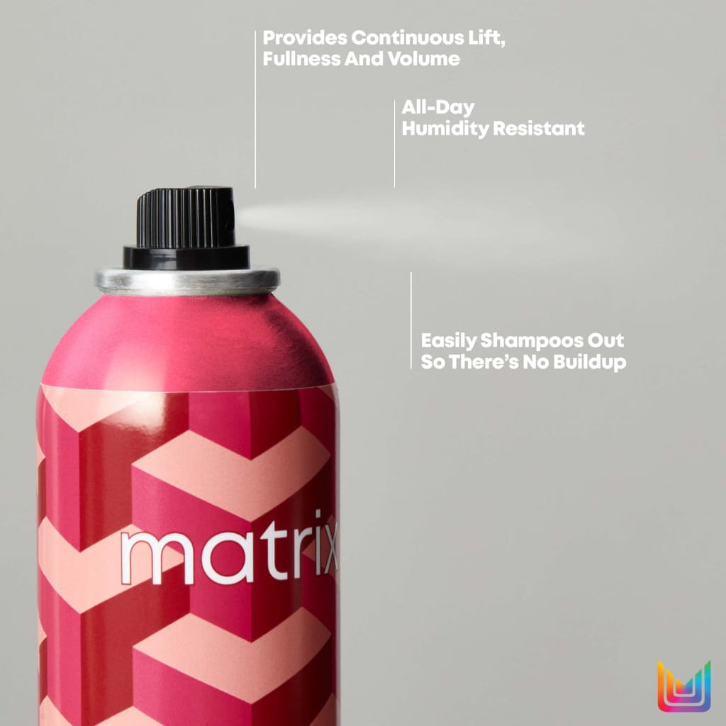 Pink and red Matrix Style Link Style Fixer hairspray 400ml with chevron pattern