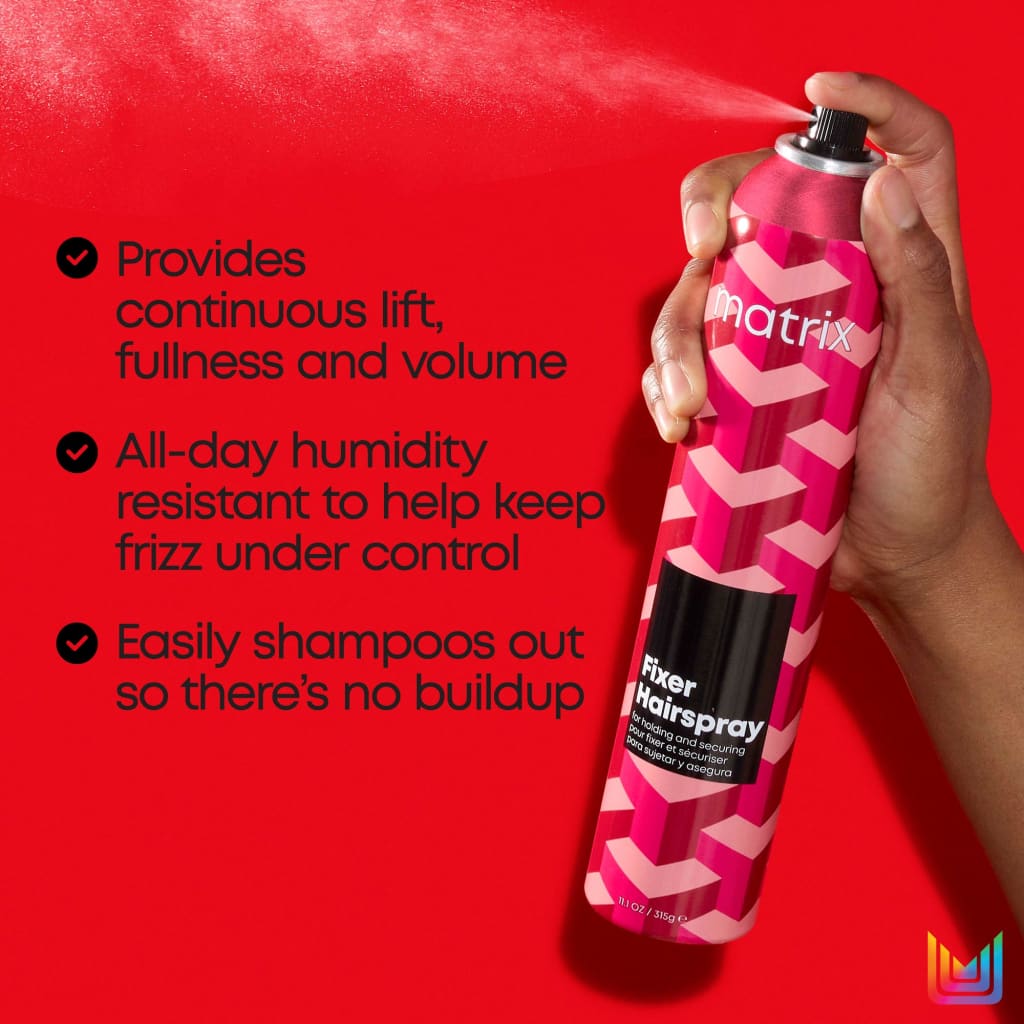 Hand holding Matrix Style Link Fixer hairspray 400ml in pink and white patterned aerosol can