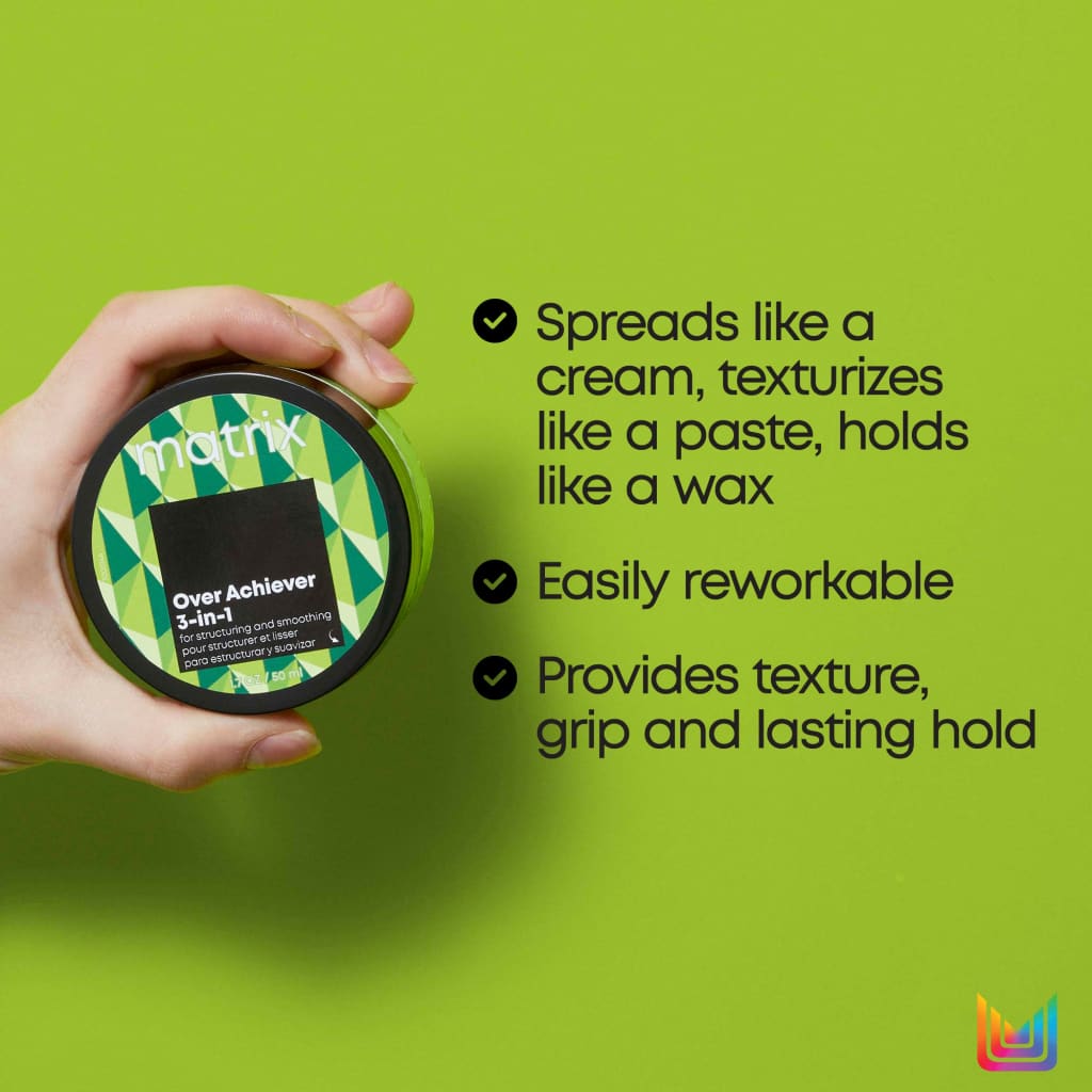 Matrix Style Link 3-in-1 cream paste container held in hand, green & white geometric pattern