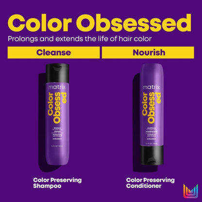 Matrix Total Results Color Obsessed Shampoo - 300ml bottles on a purple background