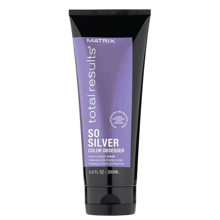 Purple and black tube of Matrix Total Results So Silver color-depositing hair mask.