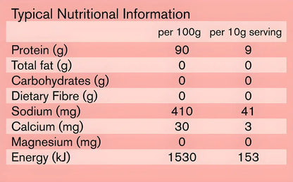 Nutrition facts for collagen supplement. Protein 90g/100g, zero fat, carbs, fiber. High sodium. Calcium, Magnesium & Energy (kJ) details.