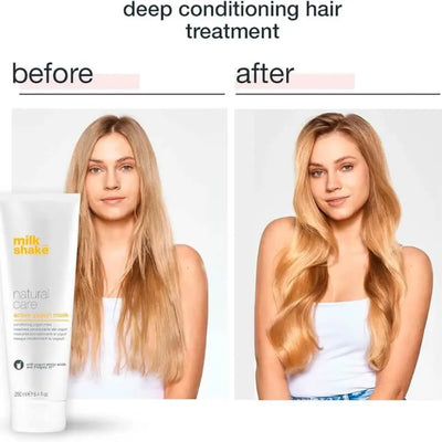 Before and after results of deep conditioning hair treatment using Milkshake Active Yogurt Mask on long blonde hair