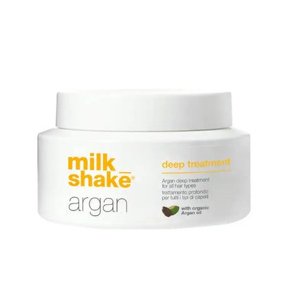 Milkshake Argan Deep Treatment for hair in a white jar with orange and black text