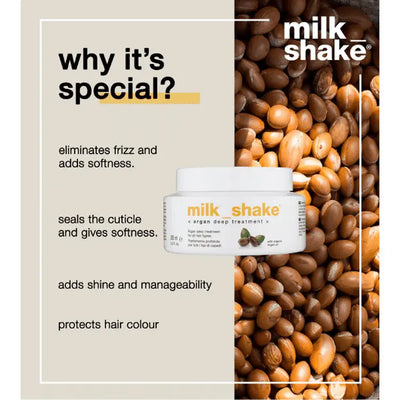 Milkshake Argan Deep Treatment for hair jar front view with argan nuts background and product benefits