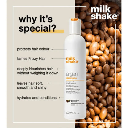 Milkshake Argan Shampoo 300ml white bottle with argan nuts background and hair care benefits listed