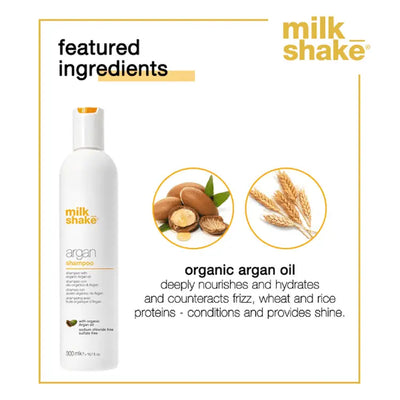 Milkshake Argan Shampoo 300ml bottle with organic argan oil and wheat ingredients for nourishing and hydrating hair