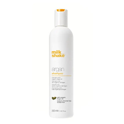 White bottle of Milkshake Argan Shampoo 300ml with Organic Argan Oil nourishment