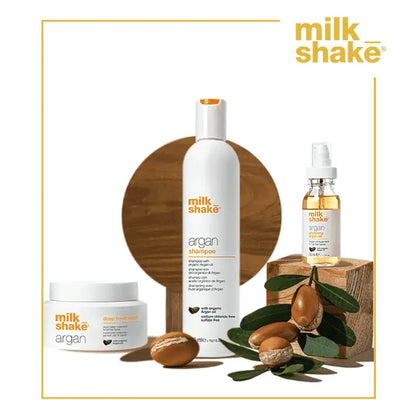 Milkshake Argan Shampoo 300ml bottle with argan oil and natural argan nuts displayed alongside other Milkshake argan hair care products