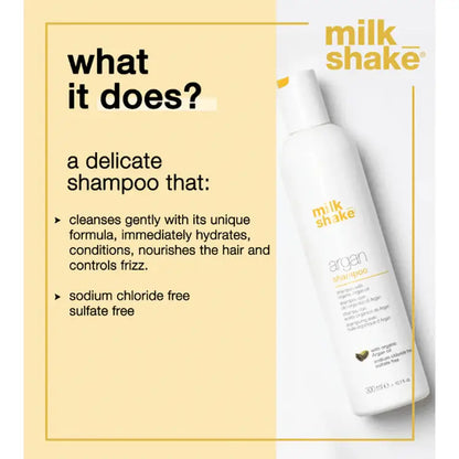 Milkshake Argan Shampoo 300ml white bottle with text describing its gentle cleansing and hydration benefits