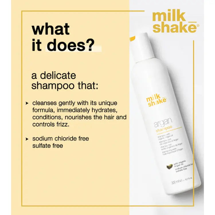 Milkshake Argan Shampoo 300ml white bottle with text describing its gentle cleansing and hydration benefits