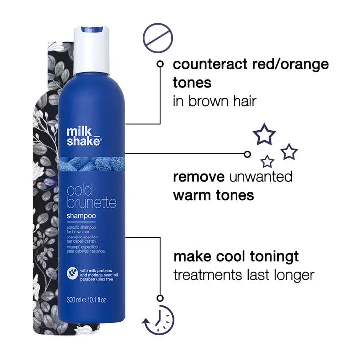 Blue bottle of Milkshake Cold Brunette Shampoo 300ml for vibrant brunette hair