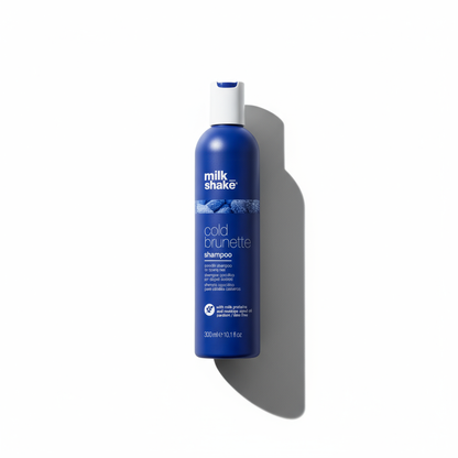 Milkshake cold brunette shampoo for color protection in a sleek blue bottle 10.1 fl oz