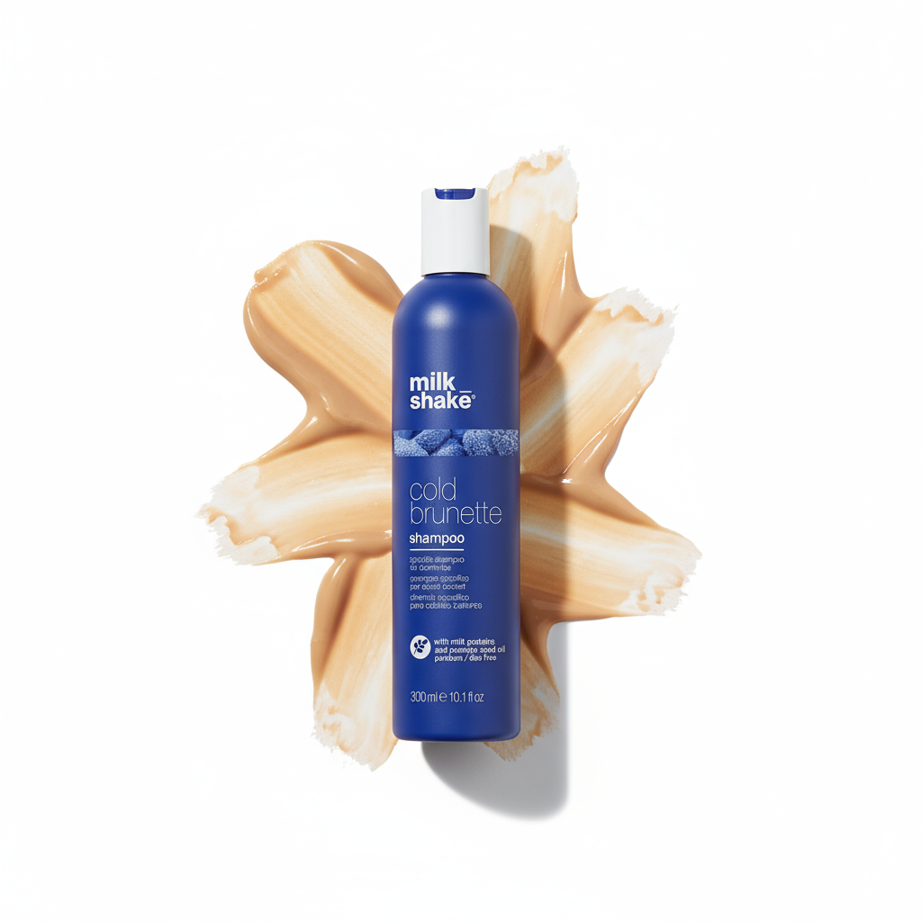 Milkshake cold brunette shampoo for color protection in a blue bottle with creamy beige background