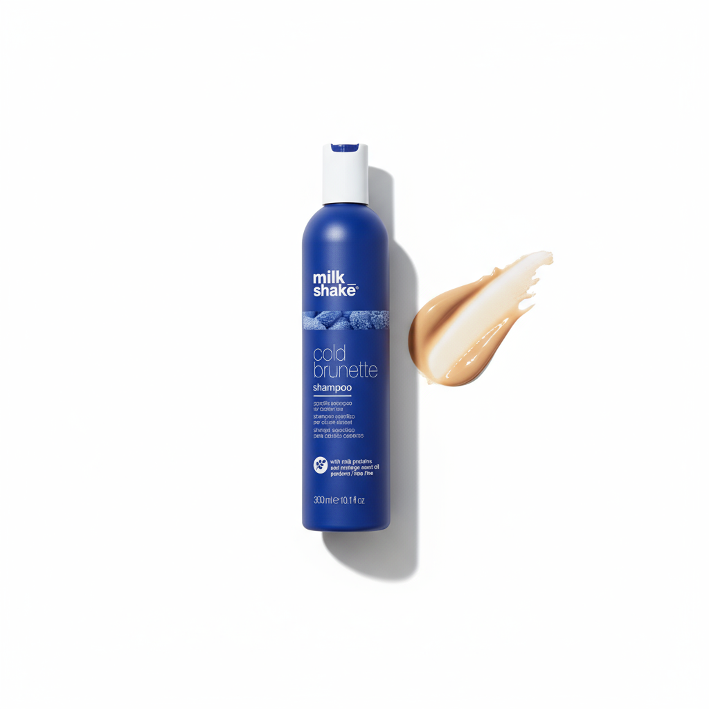 Milkshake cold brunette shampoo for color protection in blue bottle with product cream swatch