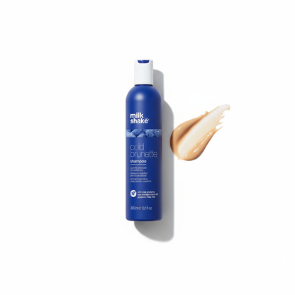 Milkshake cold brunette shampoo for color protection in blue bottle with product cream swatch
