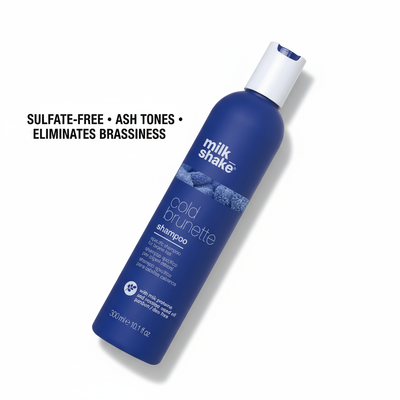 Milkshake cold brunette shampoo for color protection in a blue bottle with sulfate-free formula and ash tones