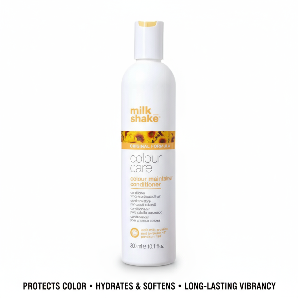 Milkshake conditioner for color-treated hair conditioner in white bottle with sunflower design