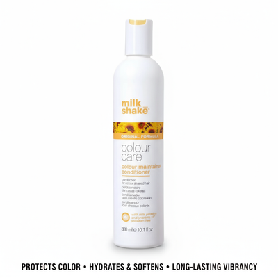 Milkshake conditioner for color-treated hair conditioner in white bottle with sunflower design