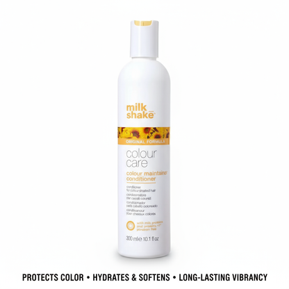 Milkshake conditioner for color-treated hair conditioner in white bottle with sunflower design