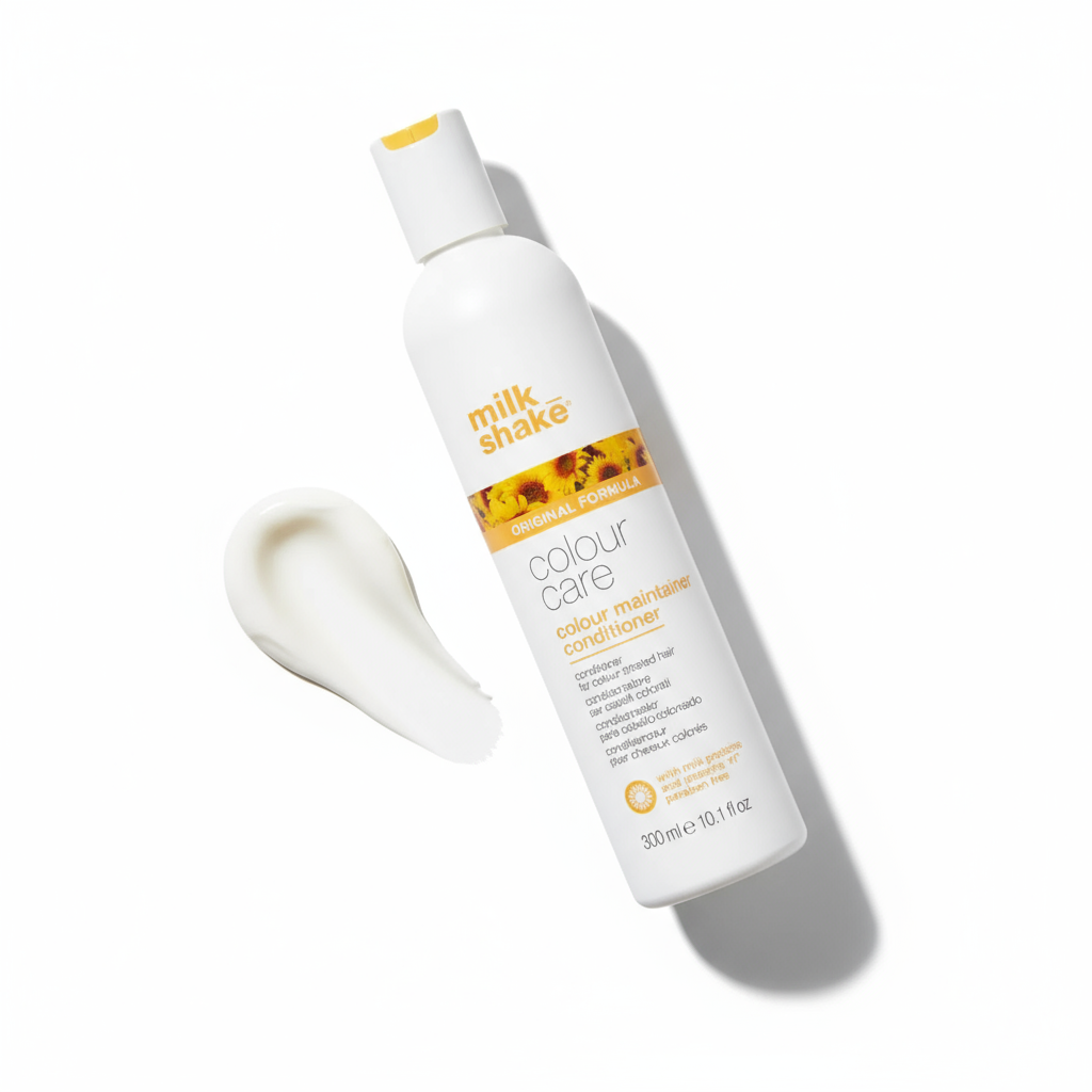 Milkshake color-treated hair conditioner bottle with cream texture on white background