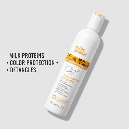 Milkshake color-treated hair conditioner in white bottle with yellow cap and color protection benefits
