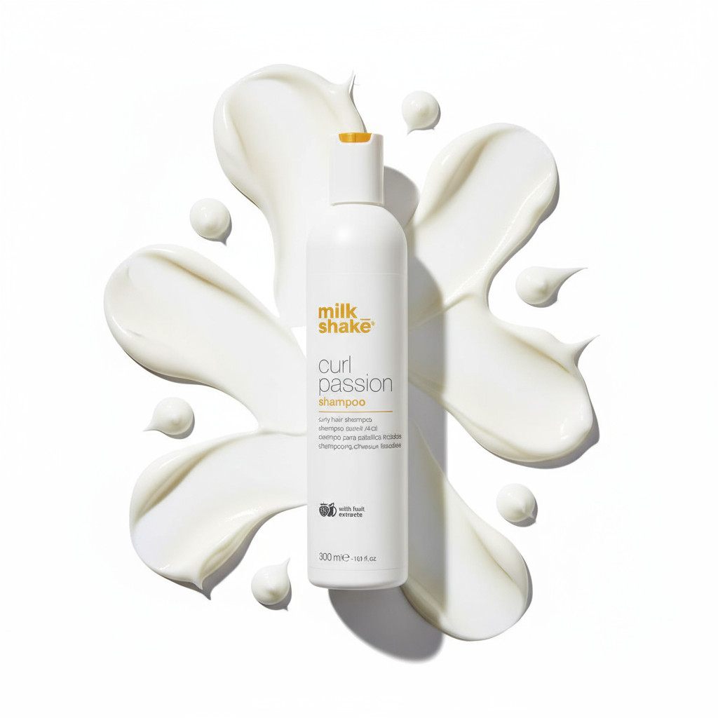 Milkshake Curl Passion Shampoo bottle surrounded by creamy white swirls of shampoo cream