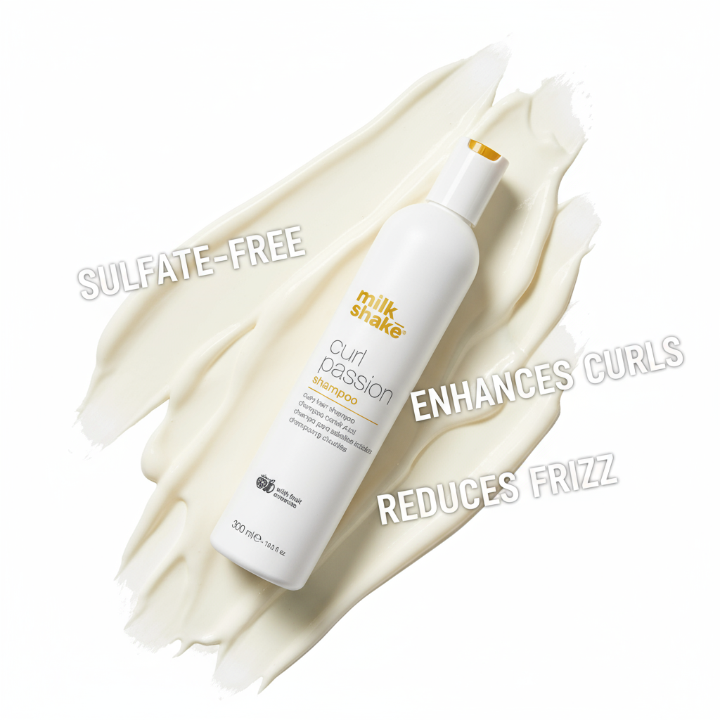 Milkshake Curl Passion Shampoo bottle on creamy white background with sulfate-free and frizz reducing text