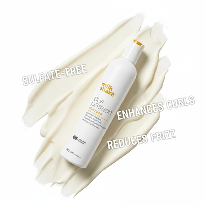 Milkshake Curl Passion Shampoo bottle on creamy white background with sulfate-free and frizz reducing text