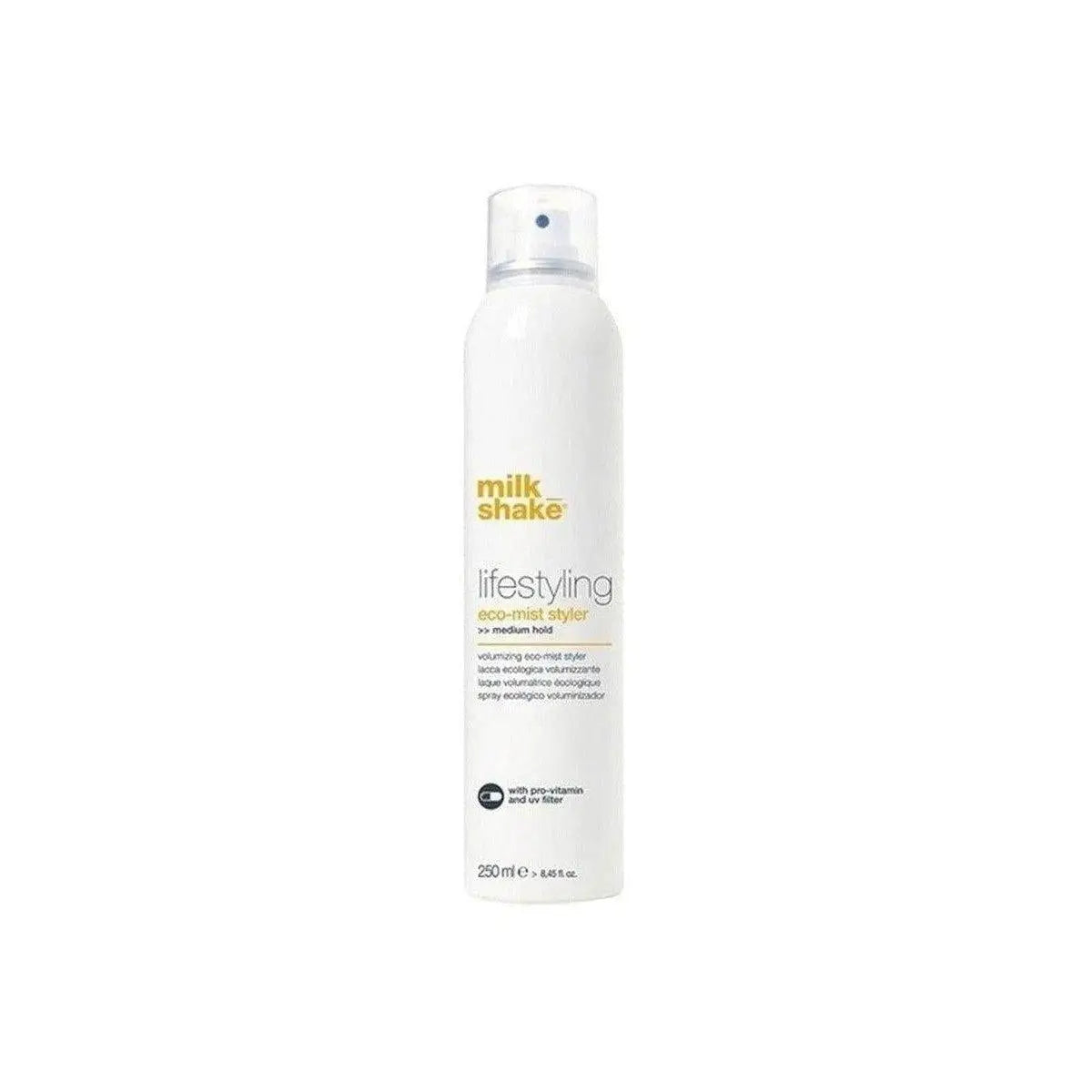 Milkshake eco mist hairspray styling aid in white 250 ml bottle for medium hold and eco-friendly hair care