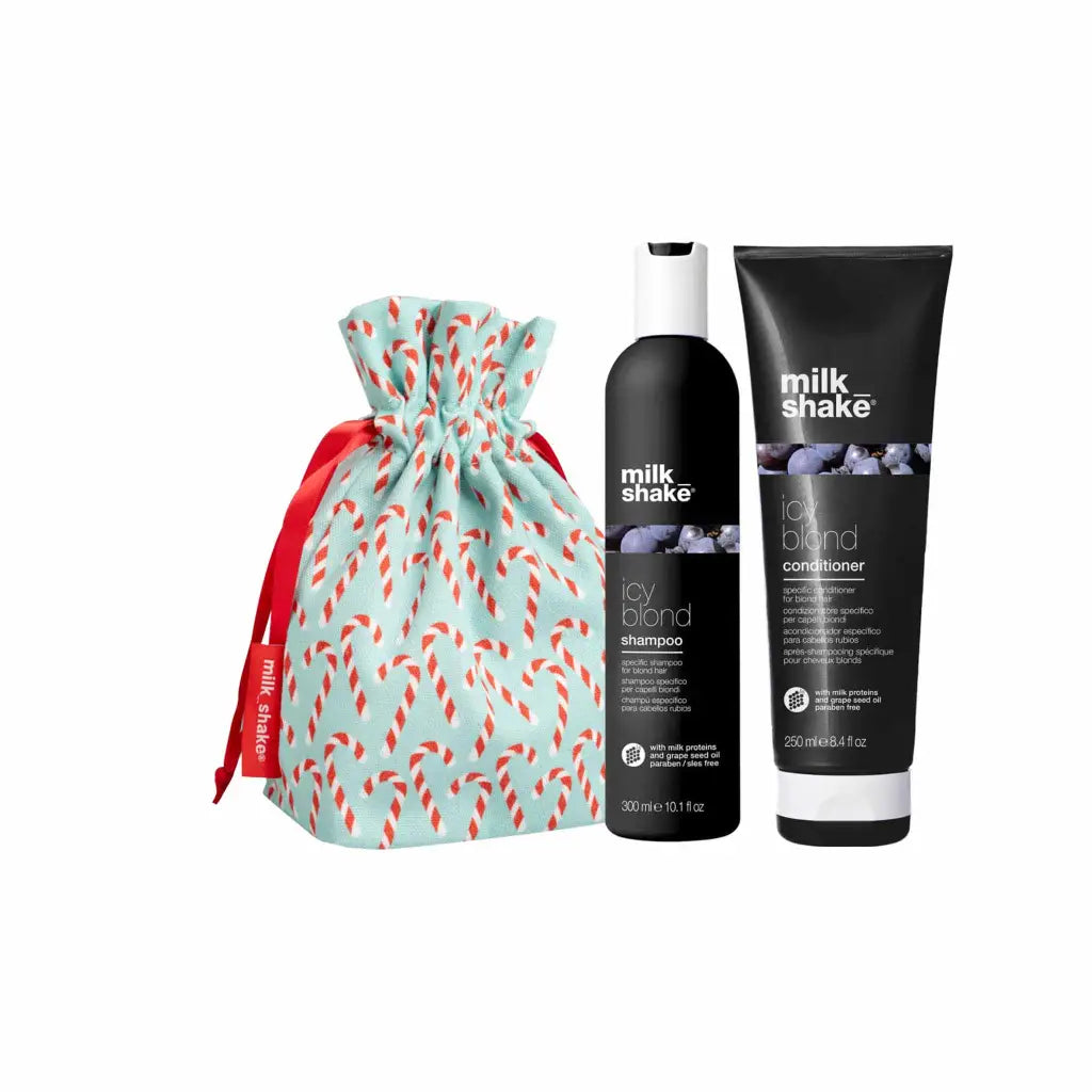 Gift set of Milk Shake hair products with a festive drawstring bag.