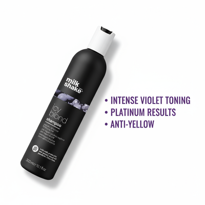 Milkshake Icy Blonde Shampoo bottle with intense violet toning for platinum and anti-yellow results