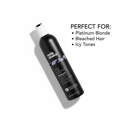 Milkshake Icy Blonde Shampoo black bottle for platinum blonde and bleached hair with icy tones