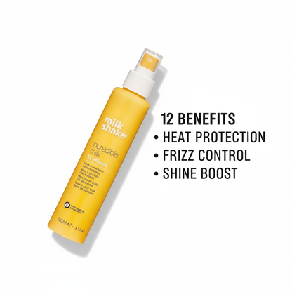 Milkshake Incredible Milk 12 Effects yellow spray bottle treatment with heat protection frizz control and shine boost