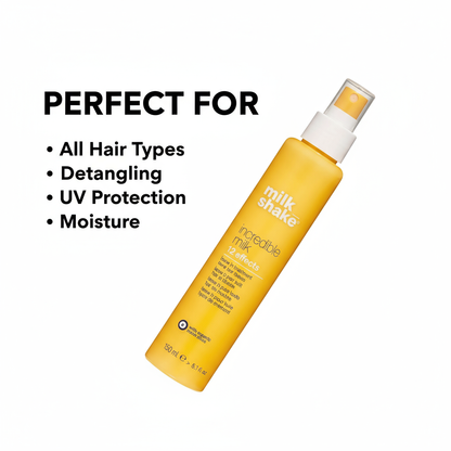 Milk Shake Incredible Milk 12 Effects hair treatment spray in yellow bottle for detangling and UV protection