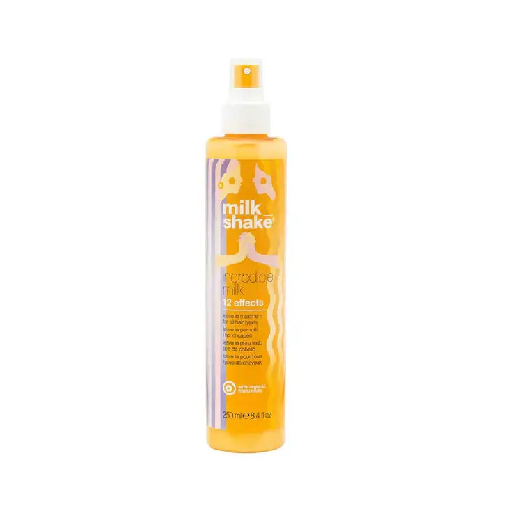 Yellow spray bottle of Milk Shake brand hair product.