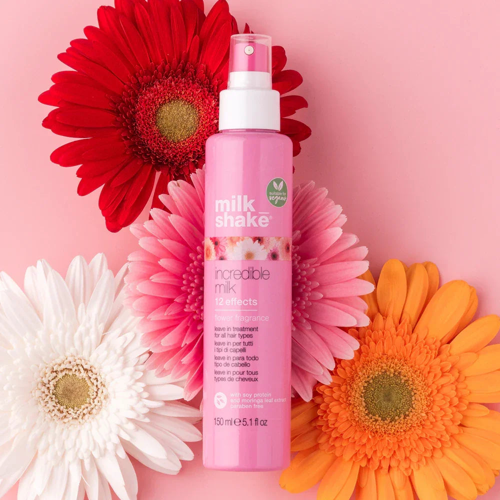 Pink hair treatment spray, Milkshake Incredible Milk with incredible milk flower fragrance