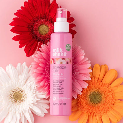 Pink hair treatment spray, Milkshake Incredible Milk with incredible milk flower fragrance