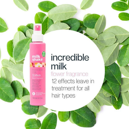 Pink hair treatment spray featuring Milkshake Incredible Milk Flower Fragrance 150ml