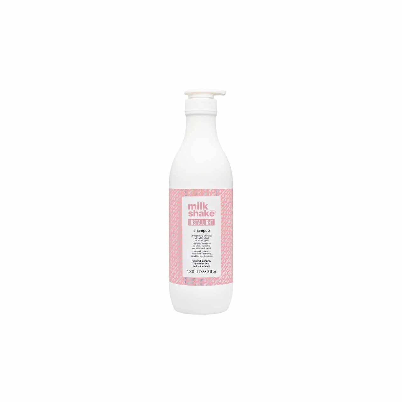 Milkshake Insta.Light Shampoo bottle with pink label and white pump dispenser for hair care