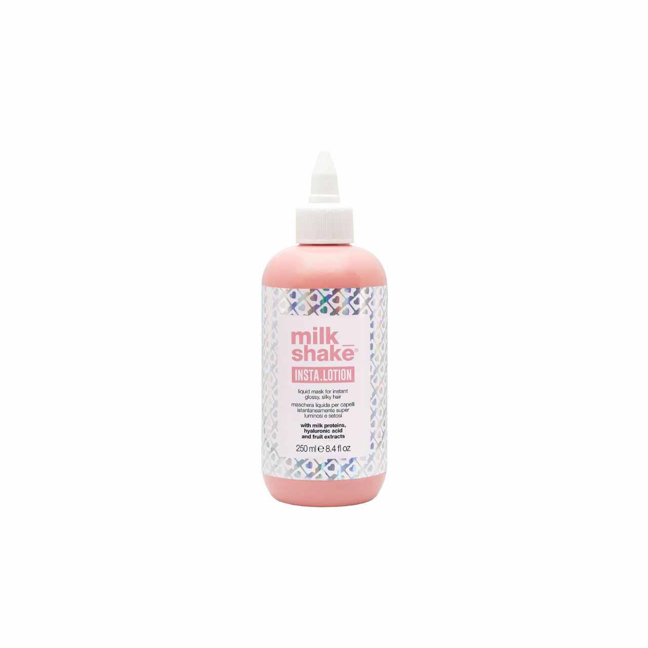 Milkshake insta.lotion conditioner mask in a 250ml pink bottle for hair care and hydration