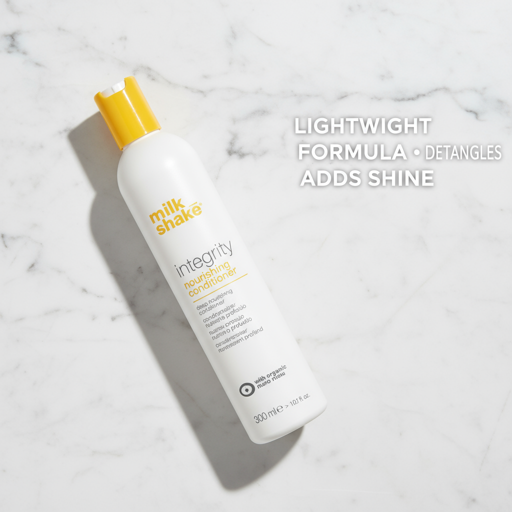 Milkshake integrity conditioner bottle with lightweight formula adds shine and detangles hair