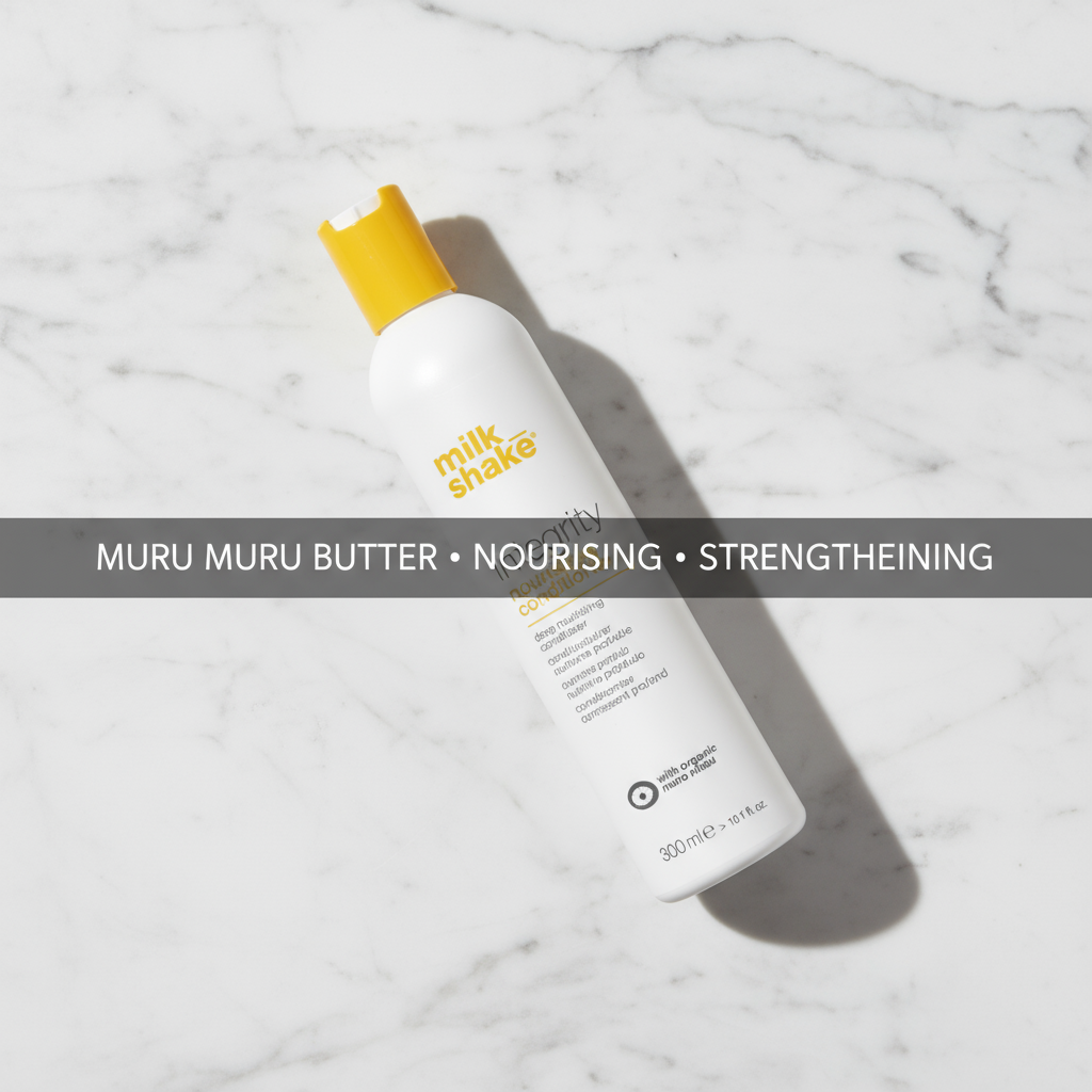 Milkshake integrity conditioner bottle with nourishing Murumuru Butter on white marble surface