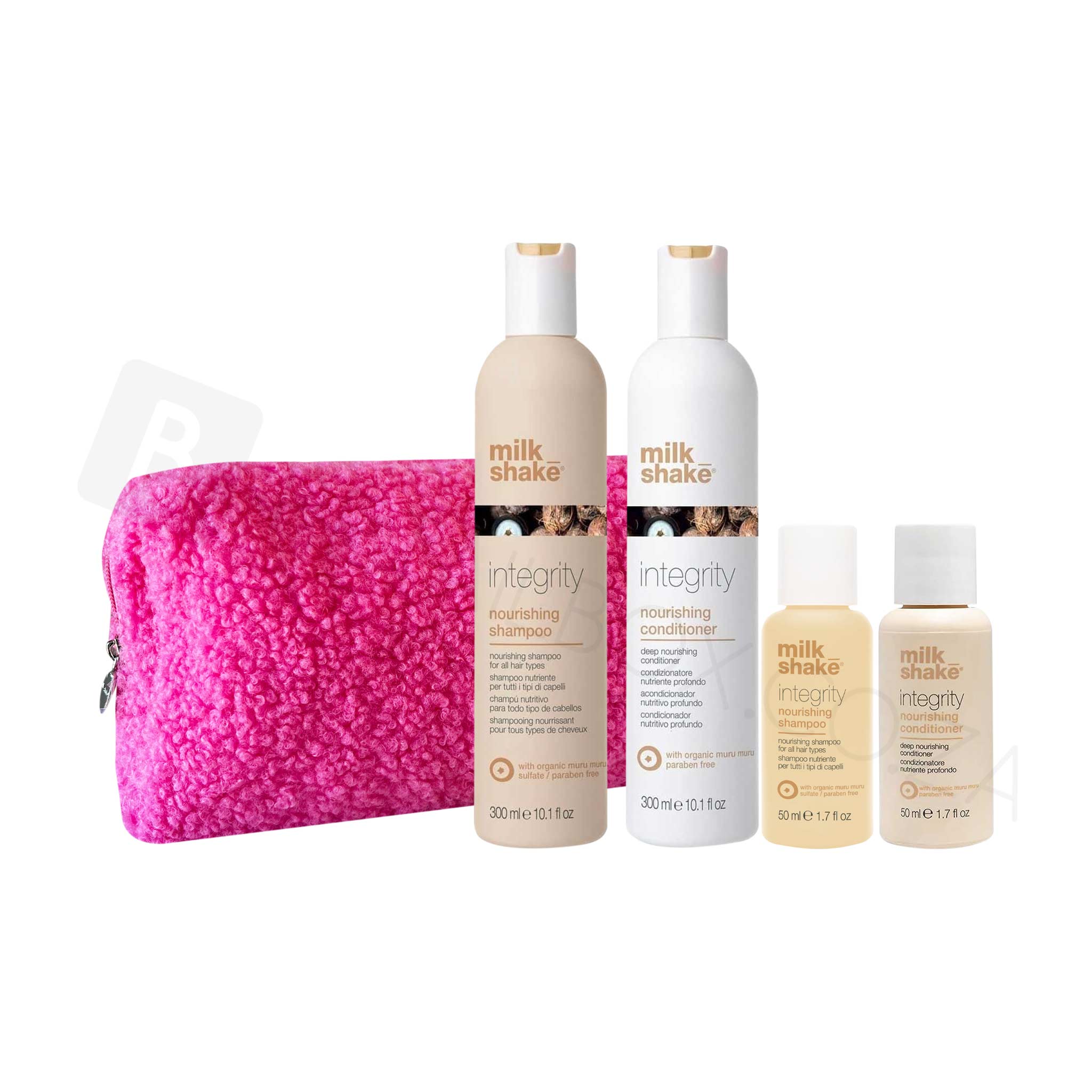 Milkshake Integrity Holiday Gift Set with nourishing shampoo conditioner and travel bottles in pink textured pouch