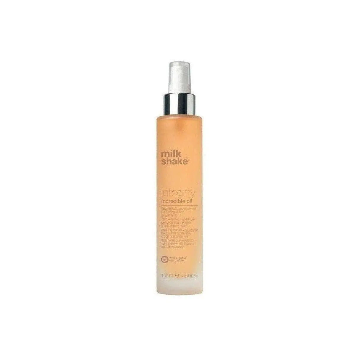 Milkshake Integrity Incredible Oil styling aid in a transparent spray bottle for hair care