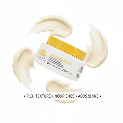 Milkshake Integrity Muru Muru Butter hair treatment in white jar with yellow lid surrounded by creamy texture swirls